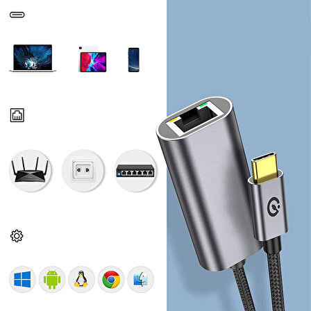 Siyah QG04 Type-C to RJ45 Ethernet Dönüştürücü Kablo 1024Mbps 22cm-Zore