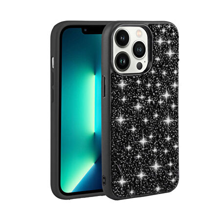iPhone 13 Pro Uyumlu Parlak Taşlı Tasarım Zore Linea Kapak-Siyah
