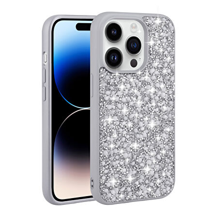 iPhone 14 Pro Uyumlu Parlak Taşlı Tasarım Zore Linea Kılıf-Gümüş