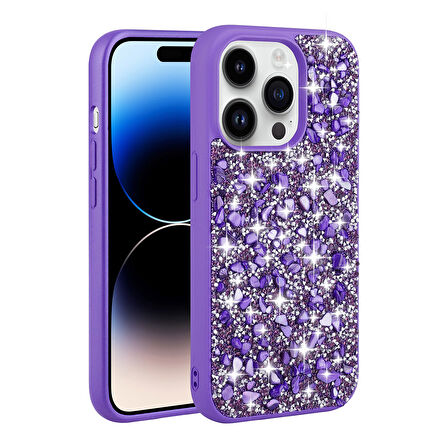iPhone 14 Pro Uyumlu Parlak Taşlı Tasarım Zore Linea Kılıf-Mor