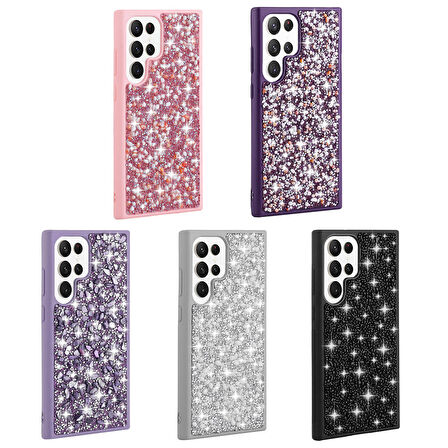 Galaxy S23 Ultra Uyumlu Parlak Taşlı Tasarım Zore Linea Kapak-Pembe