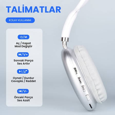 ​NRTK P9 Hi-Fi Ses Kalitesi Ayarlanabilir ve Katlanabilir Kulak Üstü Bluetooth Kulaklık-Beyaz