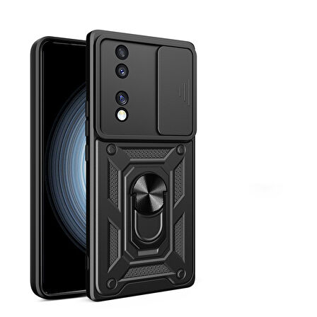 Honor 70 Uyumlu Kılıf Magnetik Standlı Kamera Korumalı Zore Sürgülü Vega Kapak-Siyah