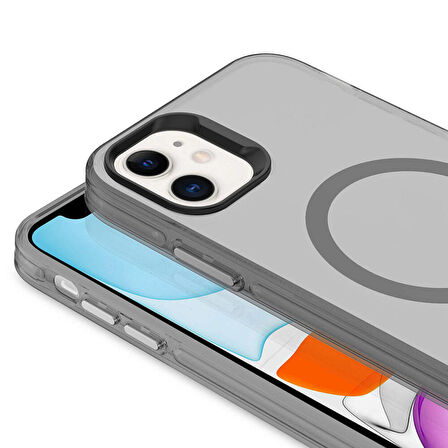 iPhone 11 Uyumlu Zore Magsafe Şarj Özellikli Buzlu Transparan C-Pro Sert Kapak-Siyah