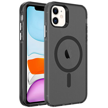iPhone 11 Uyumlu Zore Magsafe Şarj Özellikli Buzlu Transparan C-Pro Sert Kılıf-Siyah