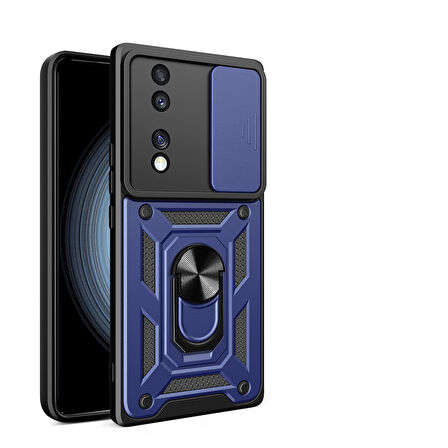 Honor 70 Uyumlu Kılıf Magnetik Standlı Kamera Korumalı Zore Sürgülü Vega Kapak-Mavi