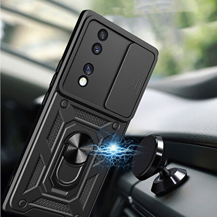 Honor 70 Uyumlu Kılıf Magnetik Standlı Kamera Korumalı Zore Sürgülü Vega Kapak-Mavi