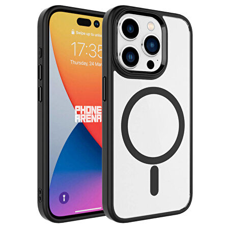 iPhone 15 Pro Uyumlu Wireless Şarj Özellikli Zore Krom Magsafe Silikon Kapak-Siyah