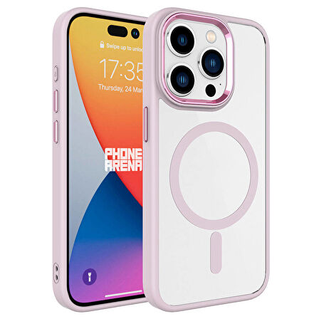 iPhone 15 Pro Uyumlu Wireless Şarj Özellikli Zore Krom Magsafe Silikon Kılıf-Pembe Açık