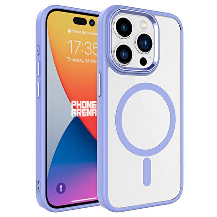 iPhone 15 Pro Uyumlu Wireless Şarj Özellikli Zore Krom Magsafe Silikon Kılıf-Lila