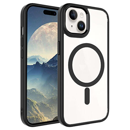 iPhone 15 Plus Uyumlu Wireless Şarj Özellikli Zore Krom Magsafe Silikon Kılıf-Siyah