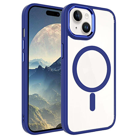 iPhone 15 Plus Uyumlu Wireless Şarj Özellikli Zore Krom Magsafe Silikon Kılıf-Lacivert