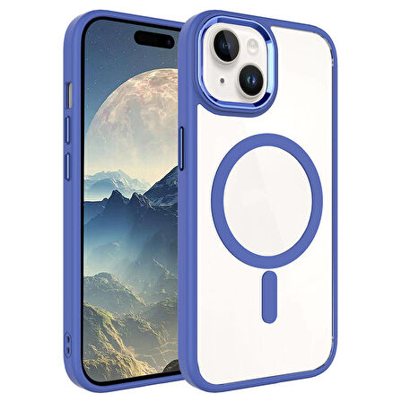 iPhone 15 Plus Uyumlu Wireless Şarj Özellikli Zore Krom Magsafe Silikon Kılıf-Mavi