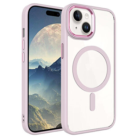 iPhone 15 Plus Uyumlu Wireless Şarj Özellikli Zore Krom Magsafe Silikon Kılıf-Pembe Açık