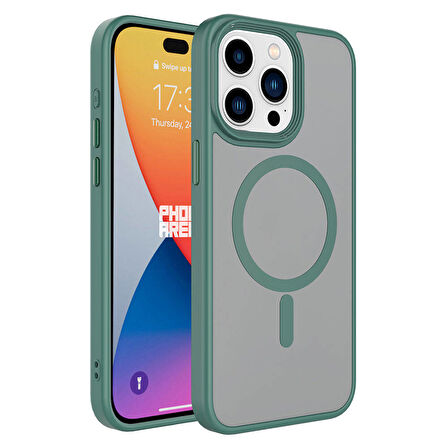 iPhone 15 Pro Uyumlu Mat Arka Yüzey Wireless Şarj Özellikli Zore Flet Magsafe Kılıf-Yeşil