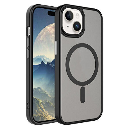 iPhone 15 Plus Uyumlu Mat Arka Yüzey Wireless Şarj Özellikli Zore Flet Magsafe Kapak-Siyah