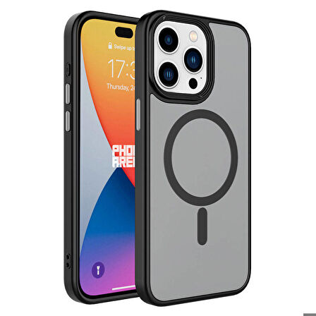 iPhone 15 Pro Max Uyumlu Mat Arka Yüzey Wireless Şarj Özellikli Zore Flet Magsafe Kapak-Siyah