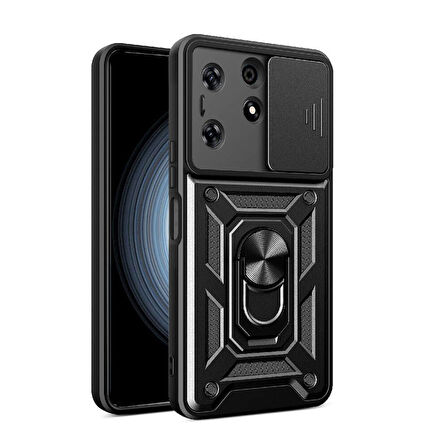 Tecno Spark 10 Pro Kılıf Magnetik Standlı Kamera Korumalı Zore Sürgülü Vega Kapak-Siyah