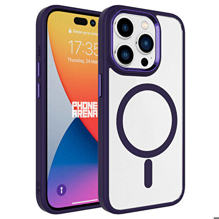 iPhone 15 Pro Uyumlu Wireless Şarj Özellikli Zore Krom Magsafe Silikon Kapak-Derin Mor