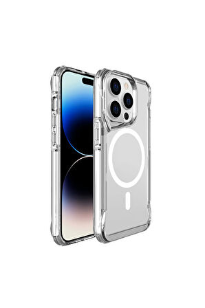Apple iPhone 14 Pro Max Kılıf Eğimli Kamera Dizayn Magsafe Şarj Uyumlu Sert Şeffaf Silikon