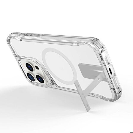 iPhone 15 Pro Uyumlu Magsafe Şarj Özellikli Zore T-Max Standlı Kapak-Renksiz
