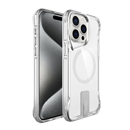 iPhone 15 Pro Uyumlu Magsafe Şarj Özellikli Zore T-Max Standlı Kılıf-Renksiz