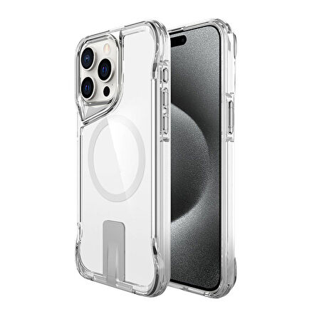 iPhone 15 Pro Max Uyumlu Magsafe Şarj Özellikli Zore T-Max Standlı Kılıf-Renksiz