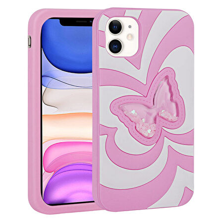 iPhone 11 Uyumlu Sıvılı Simli Kelebekli Tasarım Zore Vodena Kılıf-Pembe