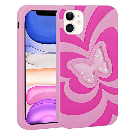 iPhone 11 Uyumlu Sıvılı Simli Kelebekli Tasarım Zore Vodena Kılıf-Pembe Koyu