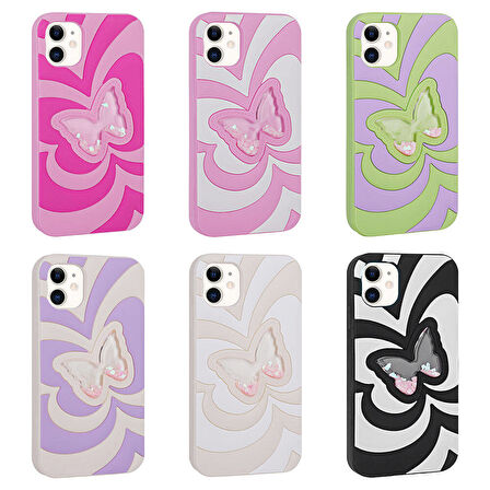 iPhone 11 Uyumlu Sıvılı Simli Kelebekli Tasarım Zore Vodena Kılıf-Yeşil