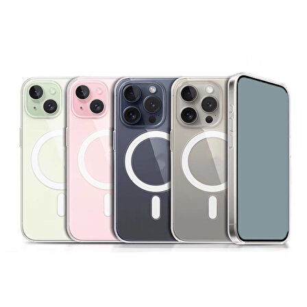 iPhone 15 Pro Uyumlu Magsafe Şarj Özellikli Şeffaf Sert PC Zore Embos Kılıf-Renksiz