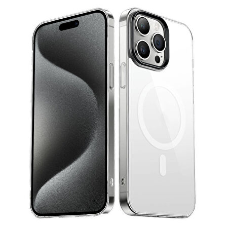 iPhone 15 Pro Max Uyumlu Zore Wireless Şarj Özellikli Şeffaf G-Glass Kılıf-Siyah
