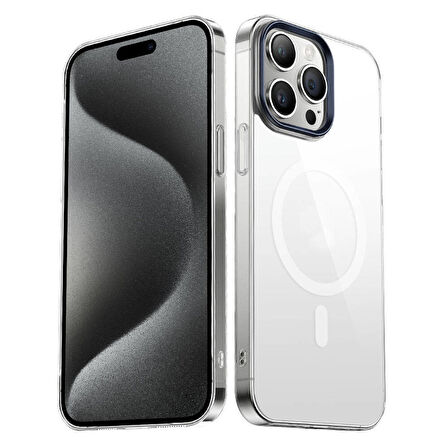 iPhone 15 Pro Max Uyumlu Zore Wireless Şarj Özellikli Şeffaf G-Glass Kapak-Lacivert
