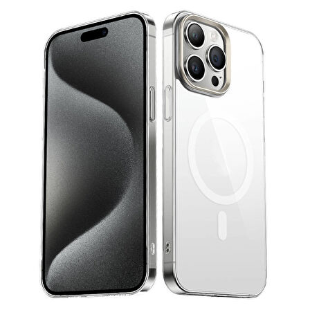 Apple iPhone 15 Pro Max Kılıf Zore Wireless Şarj Özellikli Şeffaf G-Glass Kapak-Titanyum