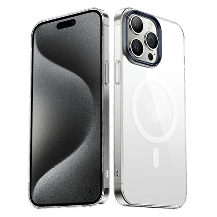 iPhone 15 Pro Uyumlu Zore Wireless Şarj Özellikli Şeffaf G-Glass Kılıf-Lacivert