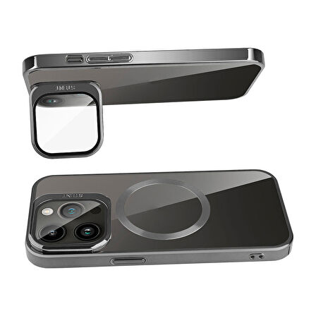 iPhone 15 Pro Uyumlu Magsafe Wireless Şarj Özellikli Standlı Zore Klon Kılıf-Gümüş