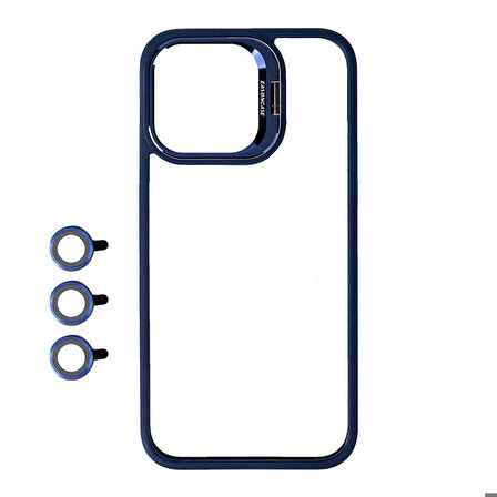 iPhone 15 Pro Max Uyumlu Kamera LALT Korumalı Standlı Zore Klon LALTli Kapak-Lacivert