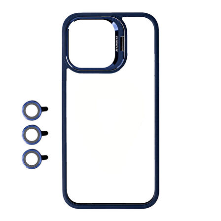 Apple iPhone 15 Pro Max Kılıf Kamera LZYL Korumalı Standlı Zore Klon LZYLli Kapak-Lacivert