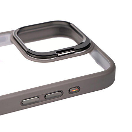 iPhone 15 Pro Uyumlu Kamera Lens Korumalı Standlı Zore Klon Lensli Kapak-Gri