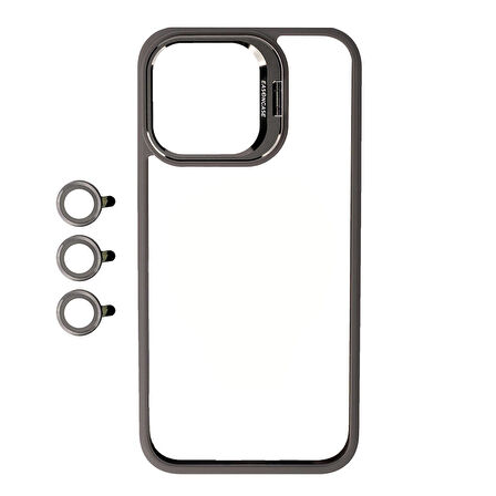 iPhone 15 Pro Uyumlu Kamera LZore Korumalı Standlı Zore Klon LNSM-li Kılıf-Gri