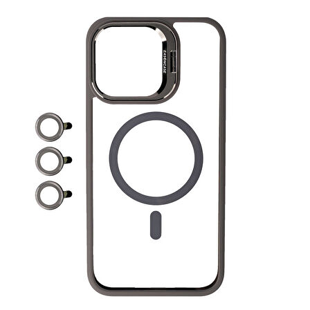 iPhone 15 Pro Uyumlu Magsafe Wireless Şarj Özellikli Standlı Zore Magsafe Klon LNSM-li Kılıf-Gr