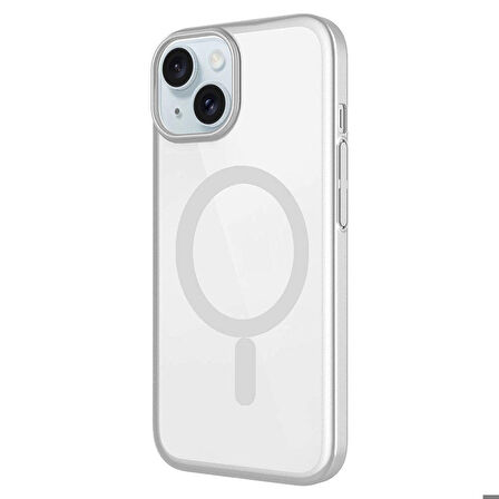 iPhone 15 Uyumlu Wireless Şarj Özellikli Sert PC Zore Mat Riksos Magsafe Kapak-Gri