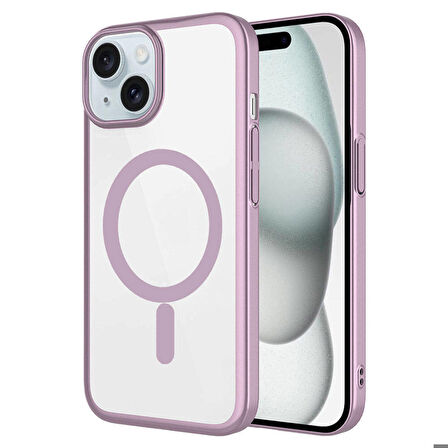 iPhone 15 Plus Uyumlu Wireless Şarj Özellikli Sert PC Zore Mat Riksos Magsafe Kapak-Pembe