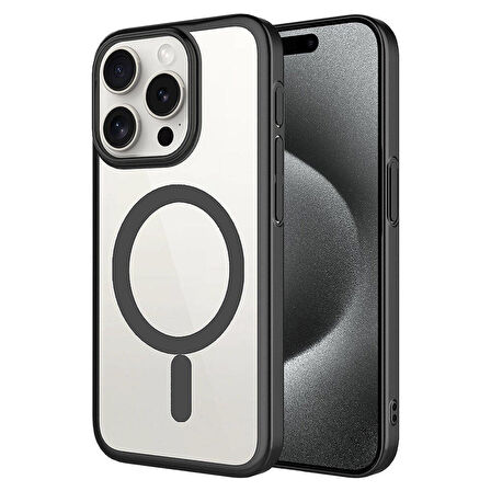 iPhone 15 Pro Uyumlu Wireless Şarj Özellikli Sert PC Zore Mat Riksos Magsafe Kılıf-Siyah