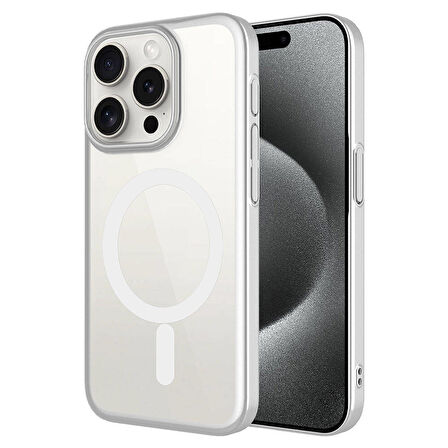 iPhone 15 Pro Uyumlu Wireless Şarj Özellikli Sert PC Zore Mat Riksos Magsafe Kılıf-Gümüş