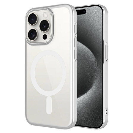 iPhone 15 Pro Uyumlu Wireless Şarj Özellikli Sert PC Zore Mat Riksos Magsafe Kapak-Gümüş