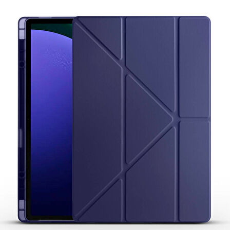 Galaxy Tab S9 Ultra Kılıf  Uyumlu ​EFFX Tri Folding Kalem Bölmeli Standlı Kılıf-Lacivert