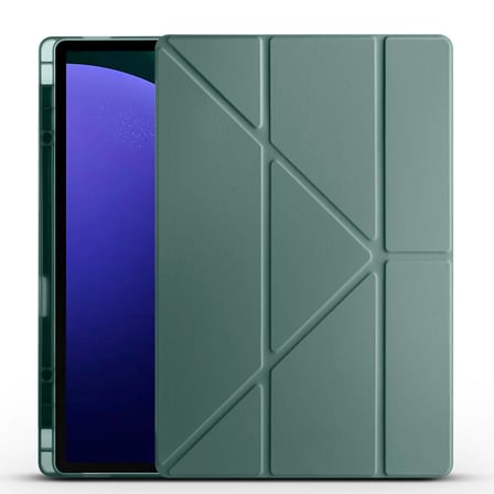 Galaxy Tab S9 Ultra Kılıf  Uyumlu ​MKST Tri Folding Kalem Bölmeli Standlı Kılıf-Koyu Yeşil