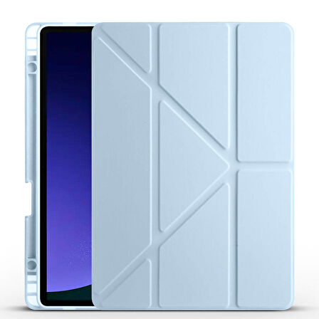 Galaxy Tab S9 FE Kılıf  Uyumlu ​ALT Tri Folding Kalem Bölmeli Standlı Kılıf-Mavi