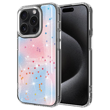 iPhone 15 Pro Uyumlu Simli Desenli Parlak Ensueno Task Kapak-Mavi